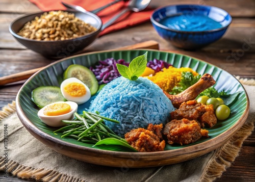 Captivating Nasi Kerabu Dish with Blue Rice, Crispy Fried Chicken, Salted Egg, and Fresh Herbs on a Vibrant Plate for Candid Photography photo