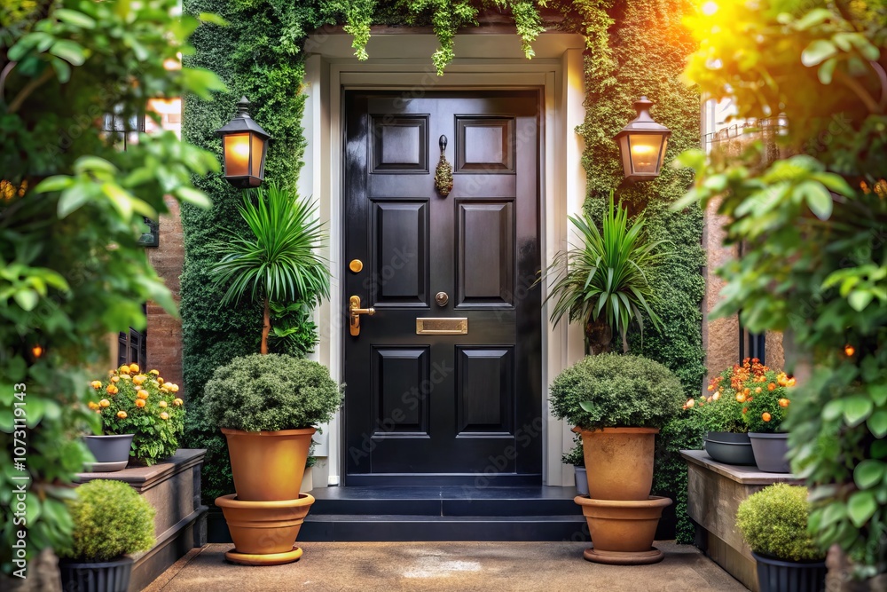 Fototapeta premium Charming Front Door with Black Entrance Surrounded by Lush Potted Plants, Showcasing Bokeh Effect for a Welcoming Home Atmosphere