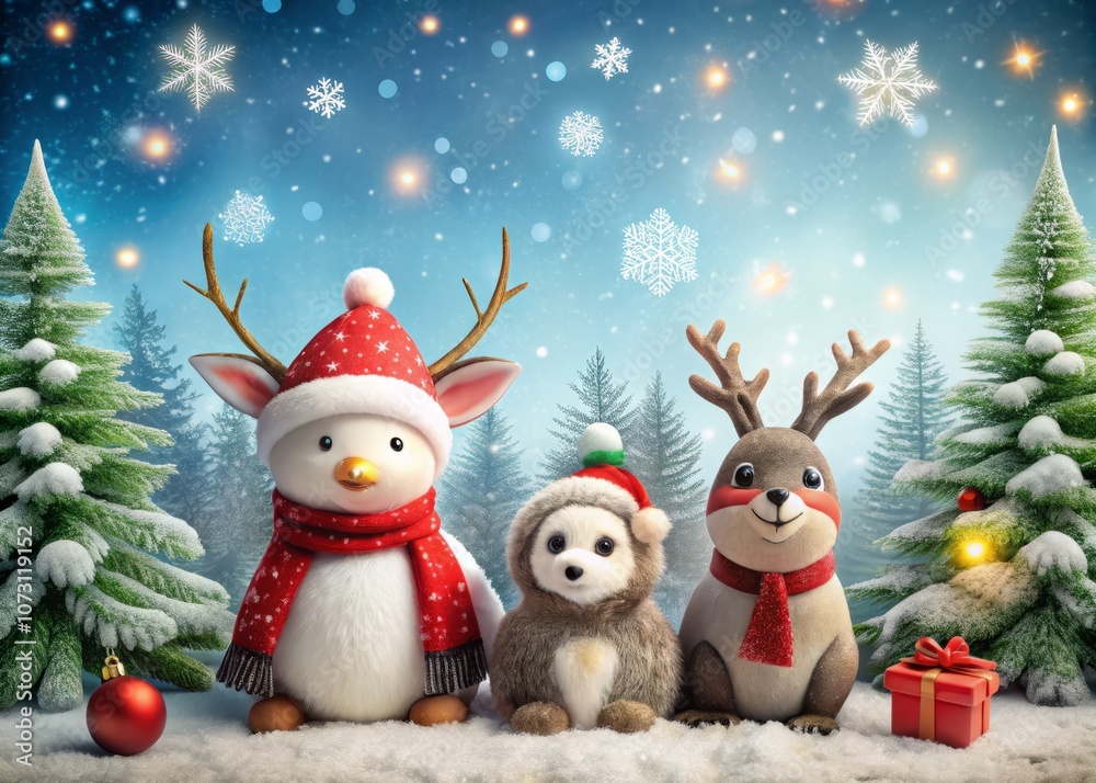 Charming Set of Christmas Animals in a Cozy Winter Scene with Copy Space for Holiday Greetings and Decorations, Featuring a Reindeer, Penguin, and Bunny with Festive Accents Charming Set of Christmas Animals in a Cozy Winter Scene with Copy Space for Holiday Greetings and Decorations, Featuring a Reindeer, Penguin, and Bunny with Festive Accents