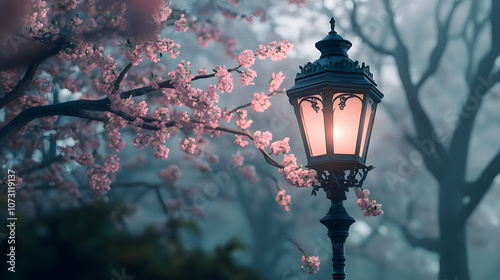 Romantische Straßenlaterne mit blühenden Kirschblüten im Nebel photo