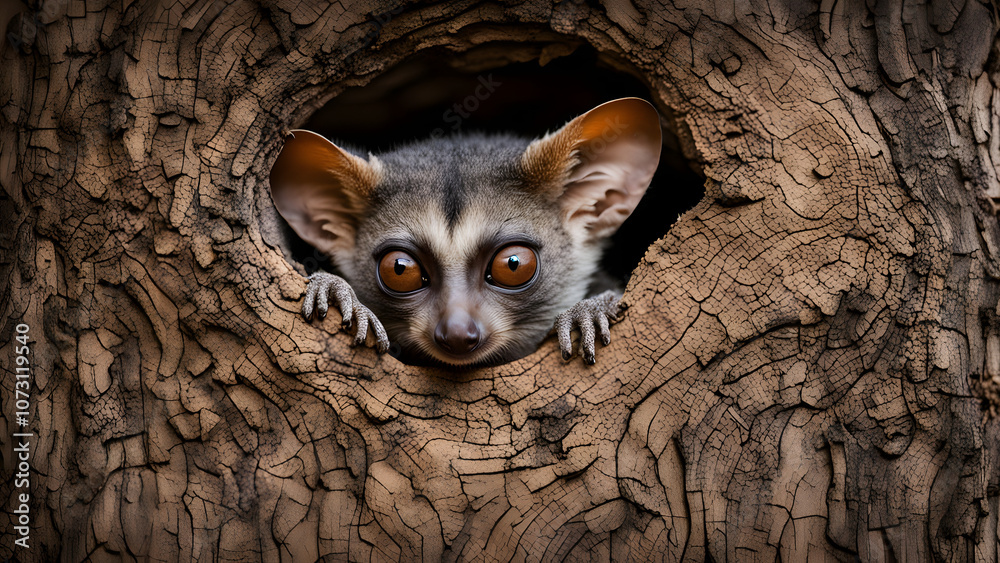 Naklejka premium Bushbaby peeking out from a tree hole, Ai Generated