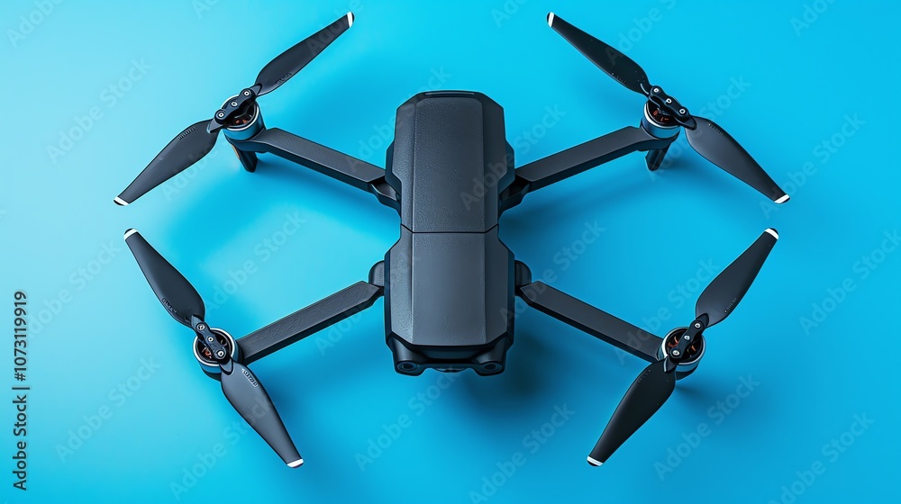 A black drone with four propellers sits on a blue background. A black drone with four propellers sits on a blue background.