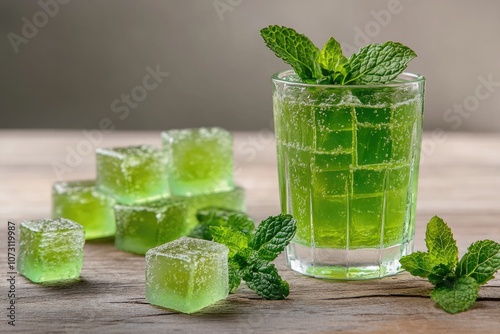 A beverage served with frozen mint garnish and ice cubes, offering a refreshing and healthy summer drink experience. photo