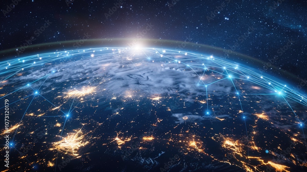 Fototapeta premium A digital connection between global networks symbolized by a globe with circuit lines and satellite technology highlighted.