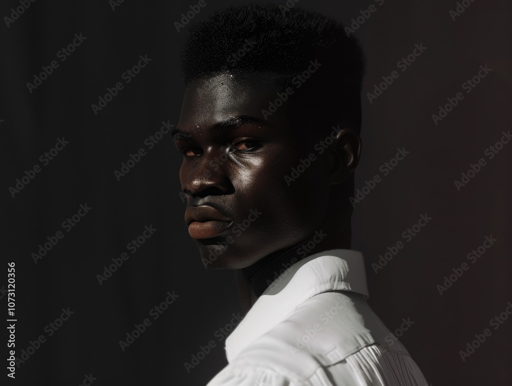 Obraz premium Close-up of young man with dark skin, wearing a white shirt. He has a short haircut and a serious expression on his face.