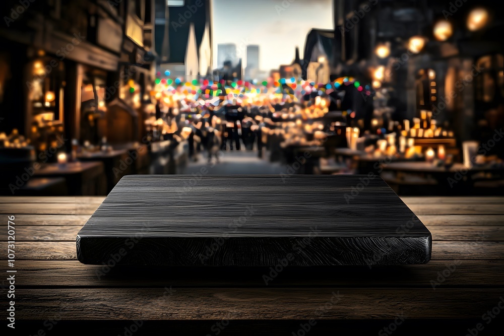 Dark Wood Table Set Against a Vibrant Background of a New Year Celebration with Twinkling Lights and Festive Ambiance in a Cozy Outdoor Setting Dark Wood Table Set Against a Vibrant Background of a New Year Celebration with Twinkling Lights and Festive Ambiance in a Cozy Outdoor Setting