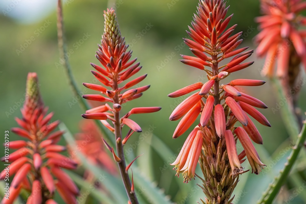 Stunning Macro Photography of Red Inflorescence from Aloe Arborescens, Showcasing Vibrant Candelabra Aloe Blooms Against a Soft Green Background for Nature Enthusiasts