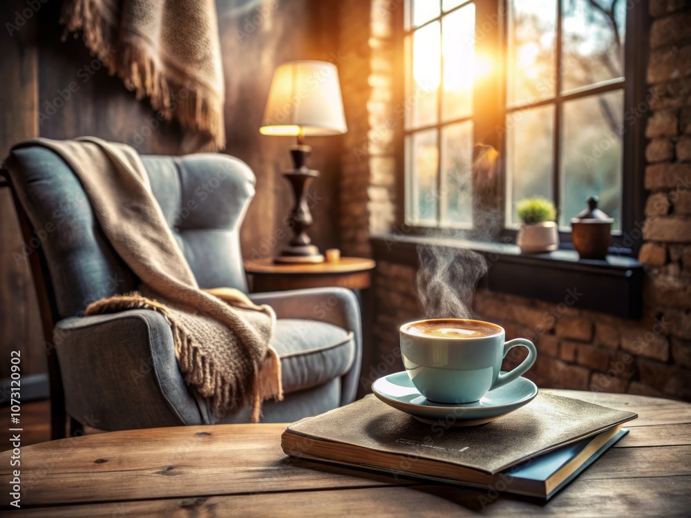 Cozy Cafe Scene with a Touch of Sleepiness: A Minimalist Photography Exploration of Serenity and Comfort in a Warm Atmosphere with Soft Lighting and Inviting Textures