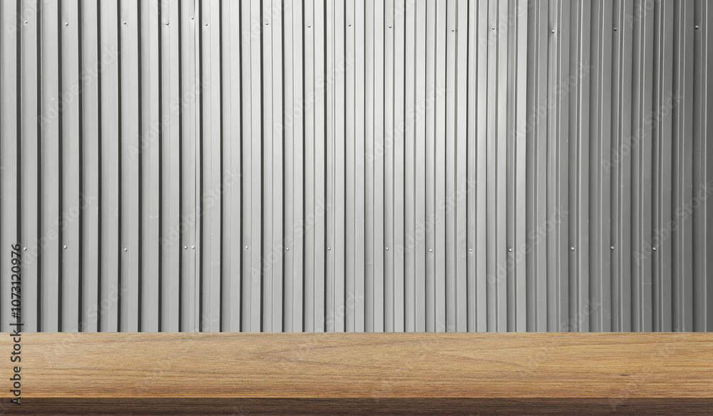 brown wooden table in front of grey corrugated metal sheet wall background with light from above for product displayed. wood table with industrial iron wall in striped line pattern backdrop. brown wooden table in front of grey corrugated metal sheet wall background with light from above for product displayed. wood table with industrial iron wall in striped line pattern backdrop.