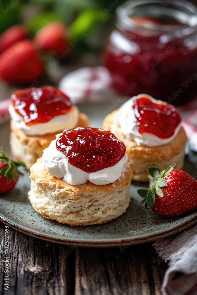 Food photography image with biscuits, strawberries, whipped cream, and raspberry jam. Food photography image with biscuits, strawberries, whipped cream, and raspberry jam.
