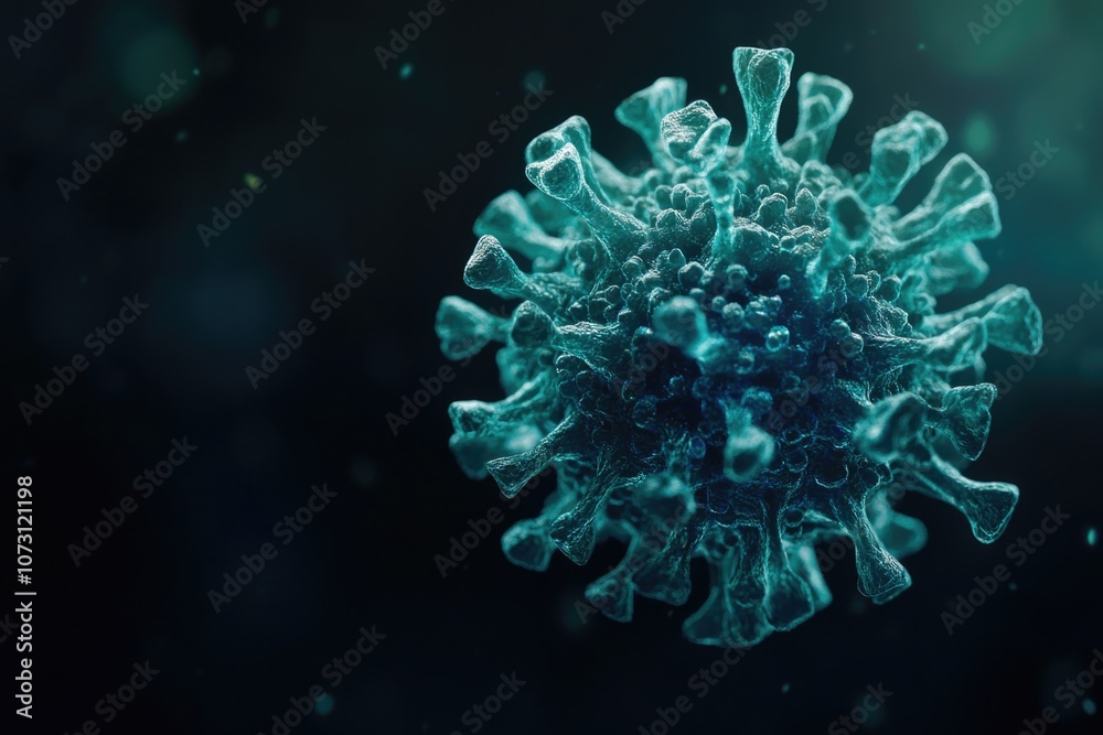 3D rendering of a virus crystal structure, representing the molecular composition and visualization in a medical or scientific context. 3D rendering of a virus crystal structure, representing the molecular composition and visualization in a medical or scientific context.