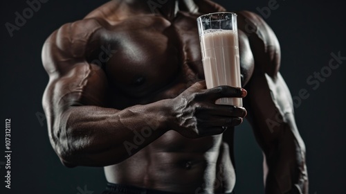 A muscular man holding a protein shake, possibly after a workout or as part of his daily diet for fitness and health. photo