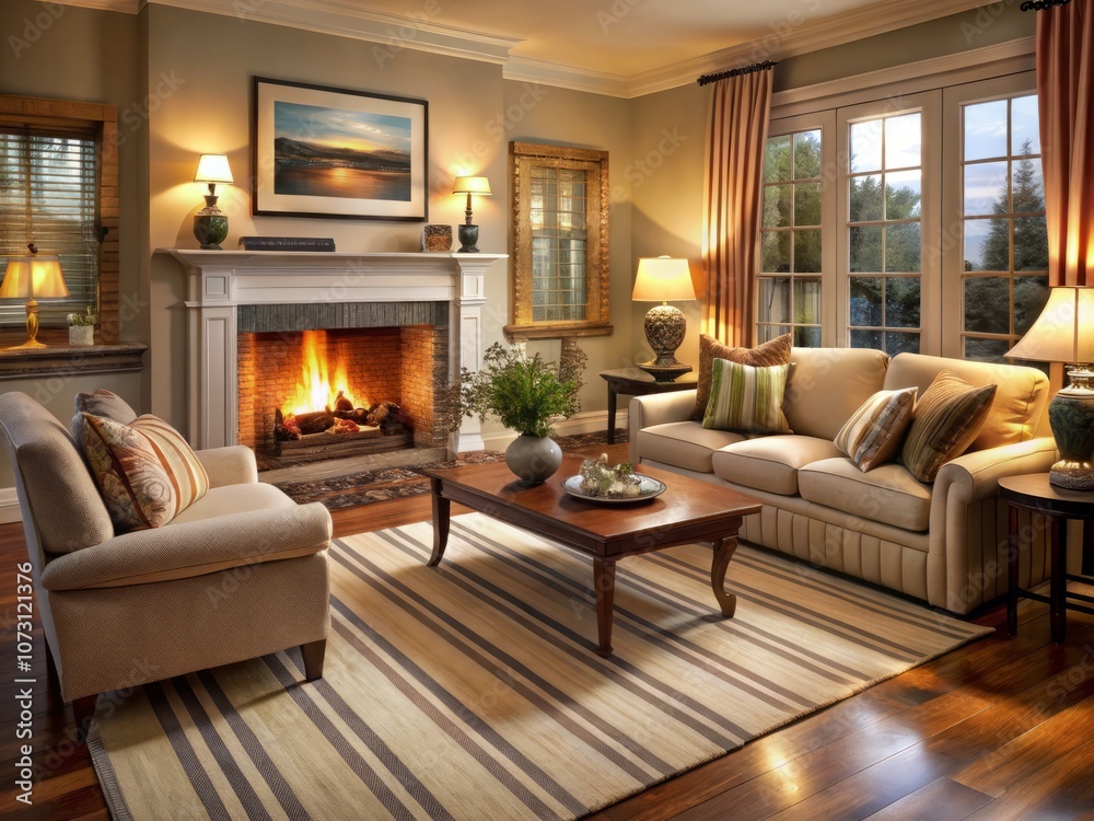 Cozy living room with a fireplace, a striped rug, and inviting decor, perfect for relaxation and warmth, featuring soft lighting and comfortable seating for an ideal home atmosphere. Cozy living room with a fireplace, a striped rug, and inviting decor, perfect for relaxation and warmth, featuring soft lighting and comfortable seating for an ideal home atmosphere.