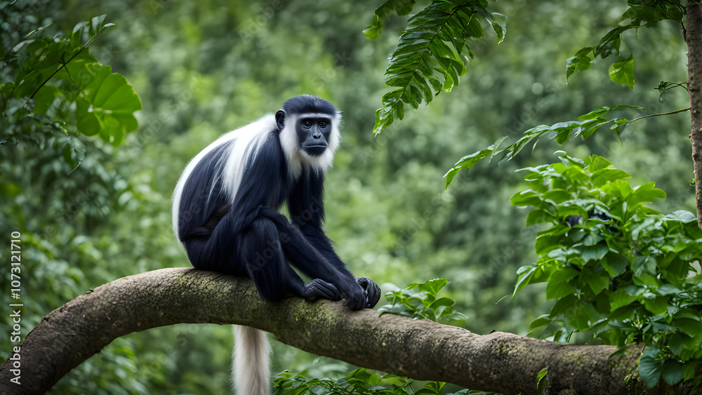 Obraz premium Colobus monkey in vibrant forest greenery, Ai Generated
