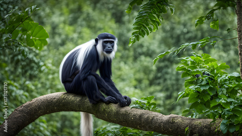 Colobus monkey in vibrant forest greenery, Ai Generated