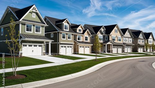 Modern suburban street with rows of new identical family homes