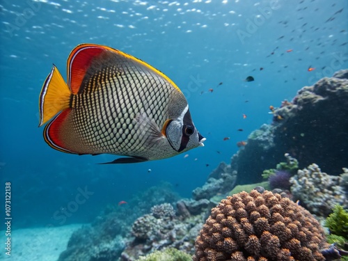 Stunning Side View of a Redtail Butterflyfish Swimming Gracefully in the Deep Ocean, Capturing the Beauty of Chaetodon Collare in its Natural Habitat with Ample Copy Space