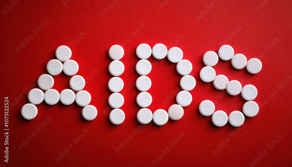 Symbolic Representation of AIDS Awareness and Treatment with Pills on a Red Background, Emphasizing the Importance of Medication in HIV/AIDS Management and Global Health Efforts Symbolic Representation of AIDS Awareness and Treatment with Pills on a Red Background, Emphasizing the Importance of Medication in HIV/AIDS Management and Global Health Efforts