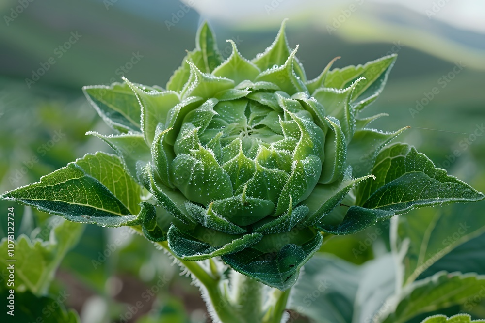 Fototapeta premium Dew-Kissed Green Artichoke Plant in Lush Green Field for Nature and Agriculture Themes