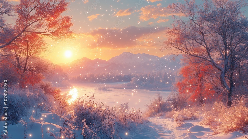 Beautiful Winter Landscape with Lake View, Autumn Flowers, Mountains Under a Bright Sun Beautiful Winter Landscape with Lake View, Autumn Flowers, Mountains Under a Bright Sun