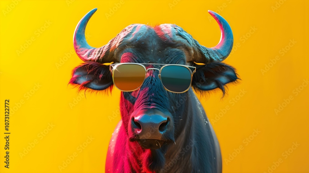 buffalo wearing sunglasses on a yellow color background, vector art, digital art, faceted, minimal, abstract, panorama background. Generative AI. buffalo wearing sunglasses on a yellow color background, vector art, digital art, faceted, minimal, abstract, panorama background. Generative AI.
