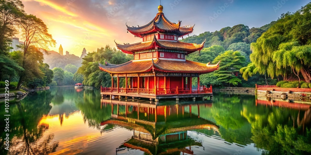 Stunning Traditional Chinese Pagoda with a Striking Red Roof and Golden Decorations Reflecting on Serene Water, Capturing the Essence of Ancient Architecture in a Tranquil Setting