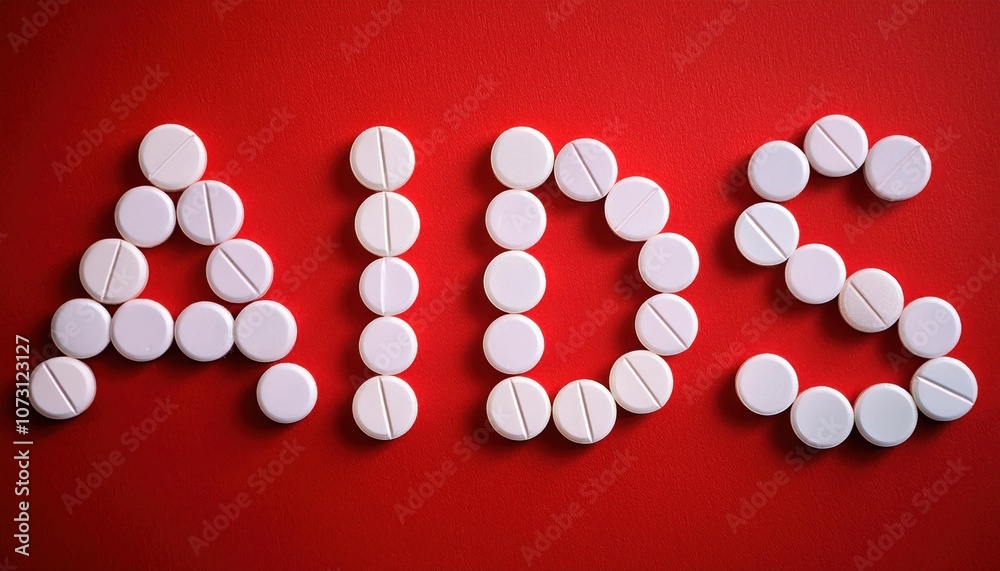 Symbolic Representation of AIDS Awareness and Treatment with Pills on a Red Background, Emphasizing the Importance of Medication in HIV/AIDS Management and Global Health Efforts Symbolic Representation of AIDS Awareness and Treatment with Pills on a Red Background, Emphasizing the Importance of Medication in HIV/AIDS Management and Global Health Efforts