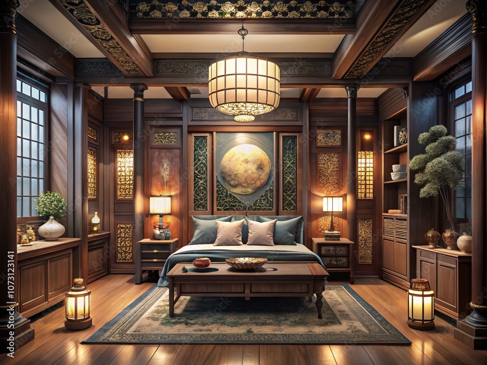 Elegant Chinese Bedroom Interior Design Illustration Featuring ...
