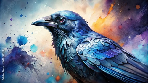 Stunning Watercolor Crow in Vibrant Colors on a Soft Background with High Depth of Field for Nature and Wildlife Enthusiasts, Ideal for Home Decor and Art Lovers photo