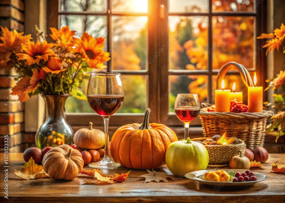 Elegant Fall Table Decoration with Pumpkins and Wine for a Cozy Thanksgiving Dinner Arrangement Indoors, Emphasizing Handmade Countryside Style and Autumn Mood for Weddings Elegant Fall Table Decoration with Pumpkins and Wine for a Cozy Thanksgiving Dinner Arrangement Indoors, Emphasizing Handmade Countryside Style and Autumn Mood for Weddings