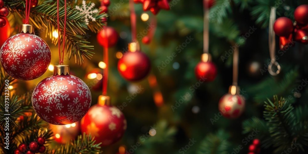 Festive background with ornaments, lights, and snowflakes in red and green colors, New Year, ornaments, green Festive background with ornaments, lights, and snowflakes in red and green colors, New Year, ornaments, green