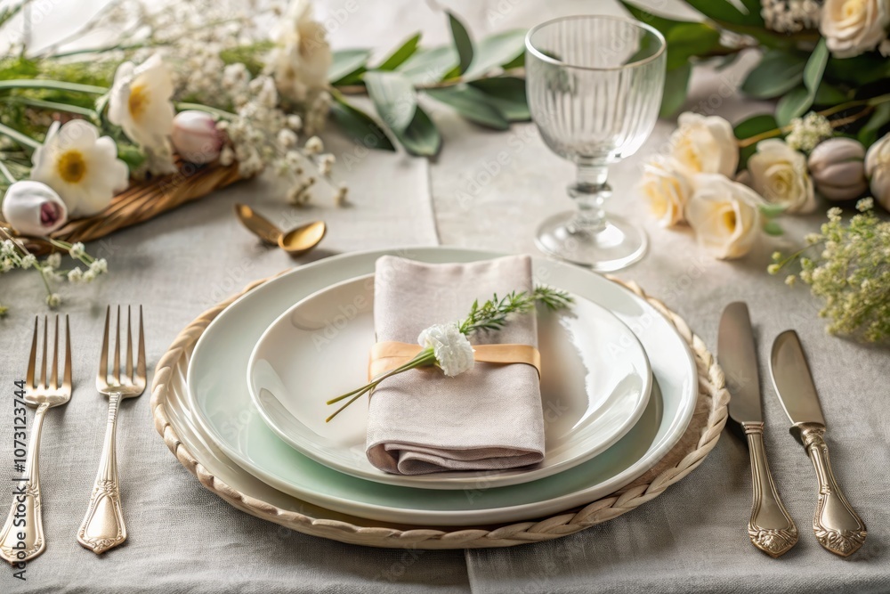 Elegant Shabby Chic Table Setting with Menu and Name Card in Minimalist Photography Style, Perfect for Wedding or Event Decor, Showcasing Soft Colors and Textured Elements Elegant Shabby Chic Table Setting with Menu and Name Card in Minimalist Photography Style, Perfect for Wedding or Event Decor, Showcasing Soft Colors and Textured Elements
