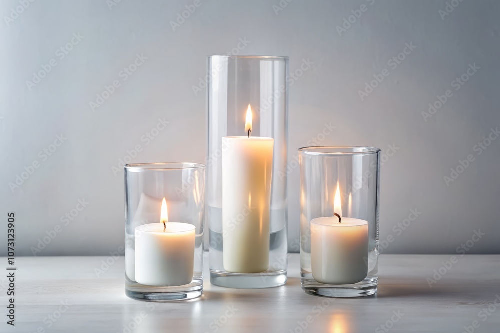 Elegant Trio of Glass Candle Holders with Illuminated Candles on a Crisp White Background, Perfect for Home Decor and Serenity Accents, with Ample Copy Space for Customization