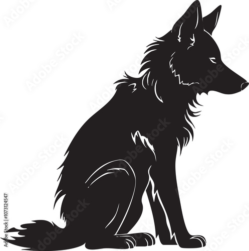 Vector illustration of a sitting wolf in a minimalist black and white style, capturing a calm and introspective expression. Ideal for wildlife, tattoo, and nature-themed designs