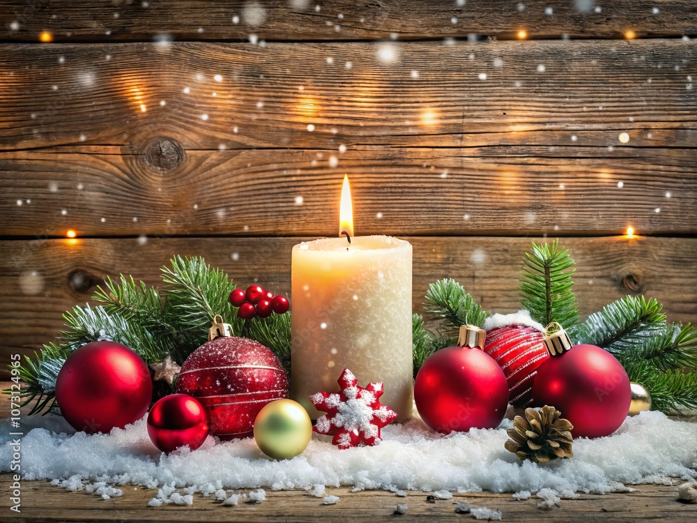 Festive Christmas Candle with Red and White Ornaments Surrounded by Snow and Twinkling Lights on Rustic Wooden Background for a Cozy Holiday Atmosphere Festive Christmas Candle with Red and White Ornaments Surrounded by Snow and Twinkling Lights on Rustic Wooden Background for a Cozy Holiday Atmosphere