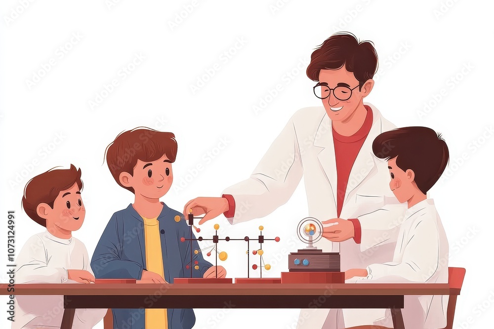 Engaging Science: A teacher guides young students in a captivating physics experiment. Engaging Science: A teacher guides young students in a captivating physics experiment.