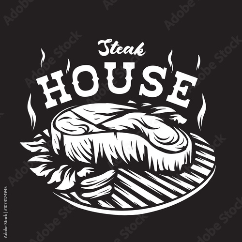 Vintage illustration of steak house logo with sliced ​​meat object ready to eat