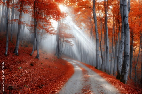 Sunbeams illuminating foggy autumn forest path