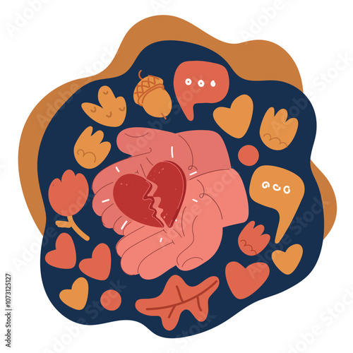 Cartoon vector illustration of a woman holding a shattered heart, symbolizing heartbreak, emotional pain, and the journey of healing over dark background