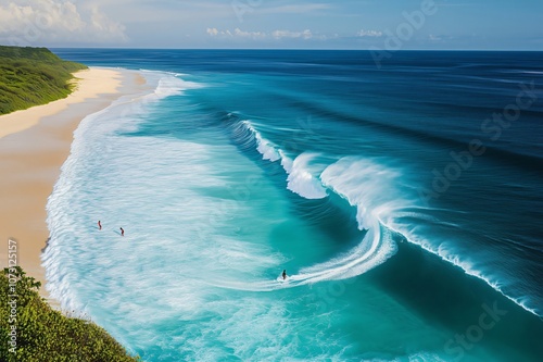 Surfers riding waves in turquoise ocean near sandy beach photo