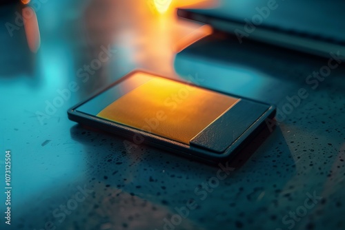 Wallpaper Mural Modern smartphone with a leather case is laying on a table with a blank screen reflecting the city lights at night Torontodigital.ca