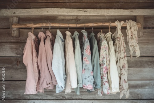 Wallpaper Mural A rustic wooden shelf with a row of colorful blouses hanging on hangers. Torontodigital.ca