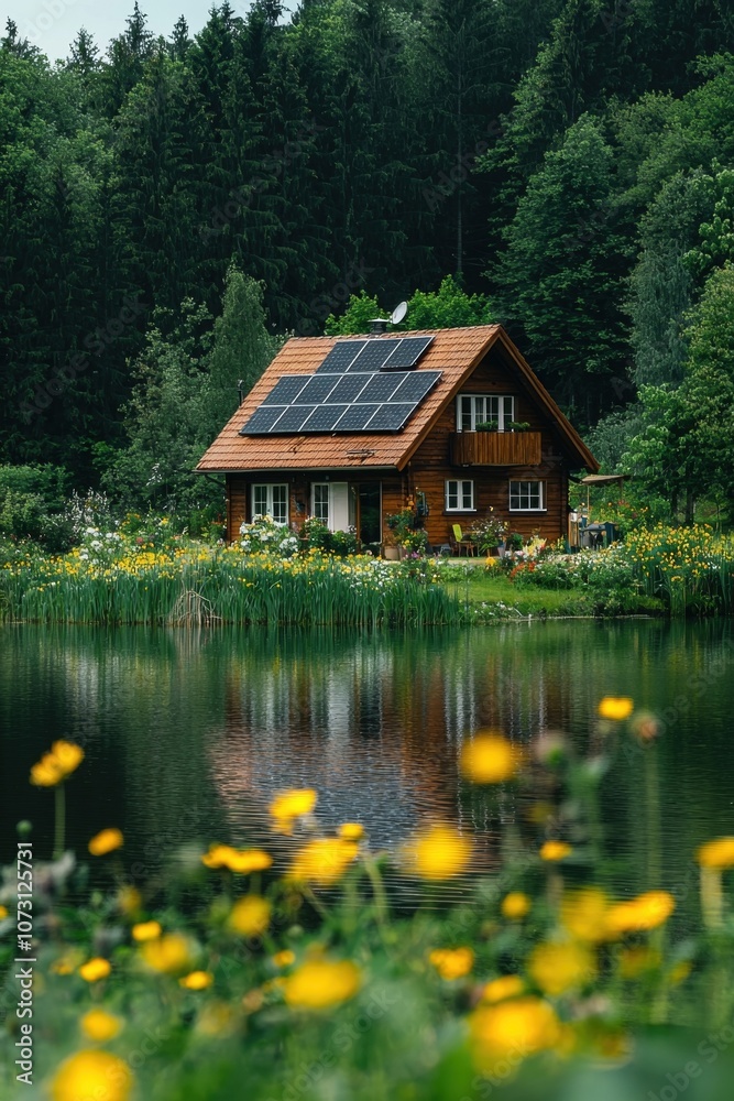 Fototapeta premium Sustainable Eco Friendly Wooden House Nestled Near Serene Lake in Lush Forest Landscape