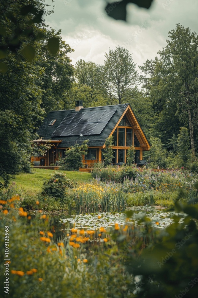Sustainable Eco Friendly Wooden Cabin Nestled in Lush Forest Landscape Sustainable Eco Friendly Wooden Cabin Nestled in Lush Forest Landscape