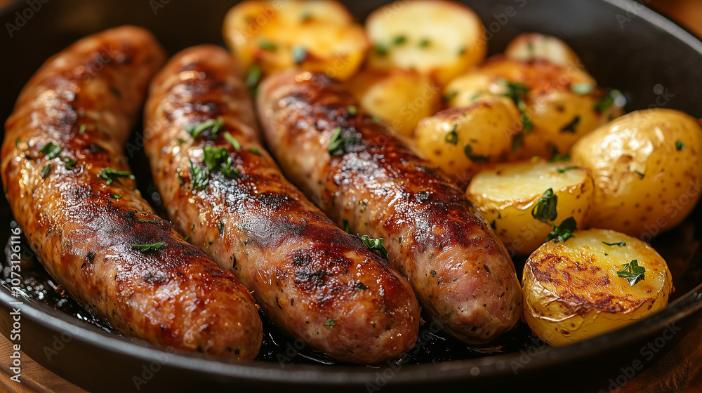 Grilled Alheira Sausage with Roasted Potatoes in Skillet Grilled Alheira Sausage with Roasted Potatoes in Skillet