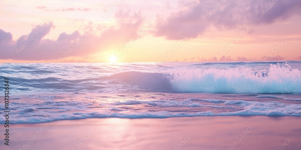 Tranquil Coastal Sunrise Over Serene Ocean Waves and Colorful Sky Tranquil Coastal Sunrise Over Serene Ocean Waves and Colorful Sky