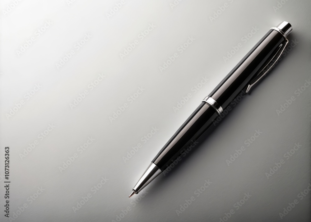 High-Angle View of a Black Pen on a Grey and White Background with Ample Copy Space for Creative Projects, Presentations, and Marketing Materials High-Angle View of a Black Pen on a Grey and White Background with Ample Copy Space for Creative Projects, Presentations, and Marketing Materials