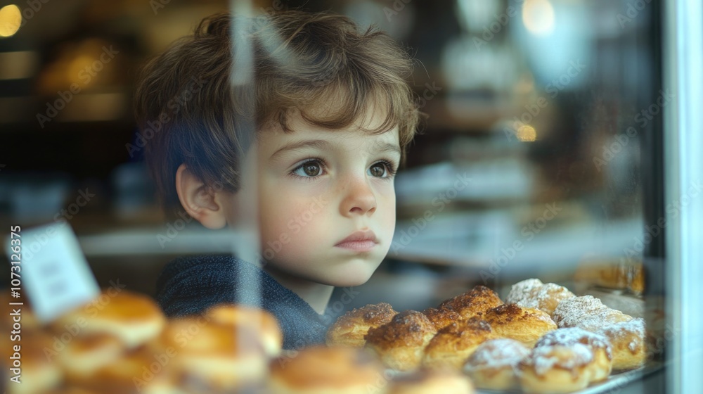 Boy admires pastries in bakery window Boy admires pastries in bakery window