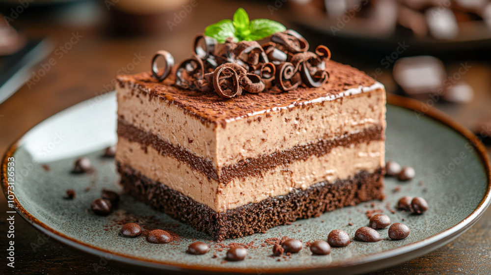 Rich chocolate mousse cake with curled shavings on a plate Rich chocolate mousse cake with curled shavings on a plate
