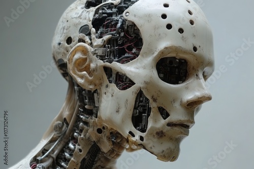 Futuristic android head showing complex internal circuitry